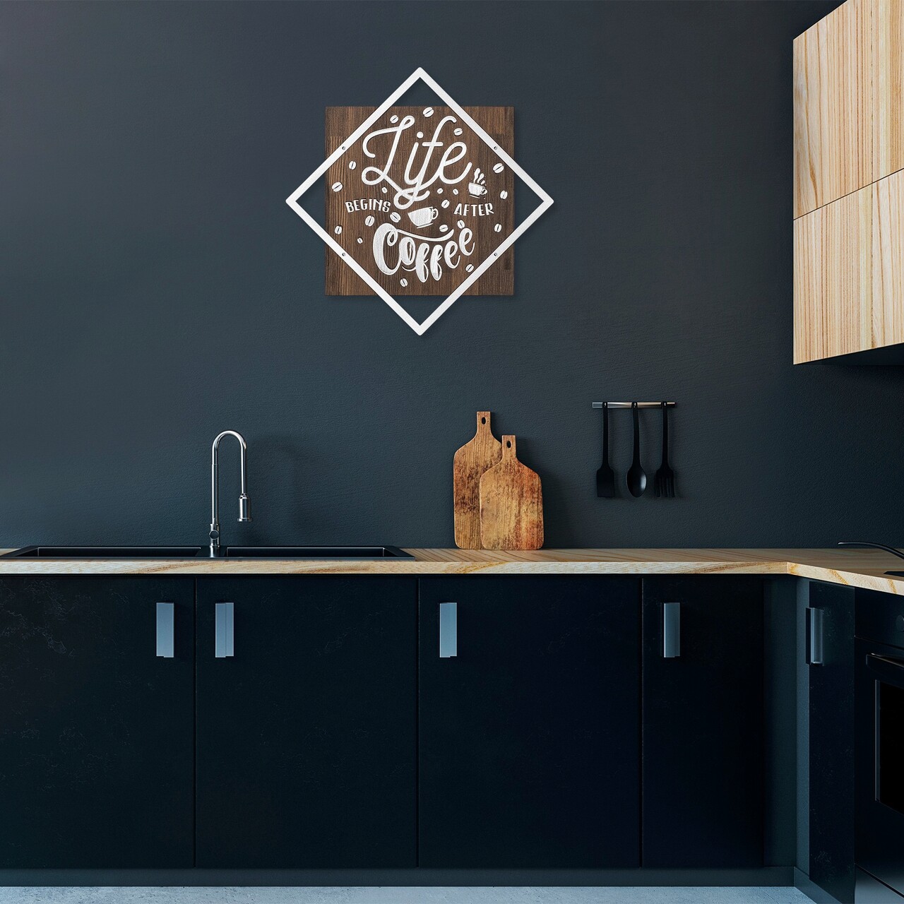 Decoratiune de perete, Life Begins After Coffee, Dimensiune: 54 x 54 cm, Nuc / Argint - imagine 7